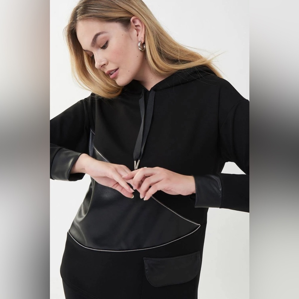 JOSEPH RIBKOFF Faux Leather 10 Black Hoodie Zipper Accent Drawstring Edgy Casual - Picture 10 of 10